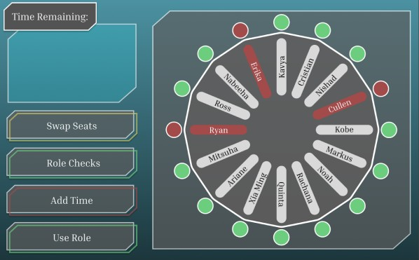 The console's main screen: a time-remaining panel, four buttons (Swap Seats, Role Checks, Add Time, Use Role) and a wheel of player seats marked green or red.